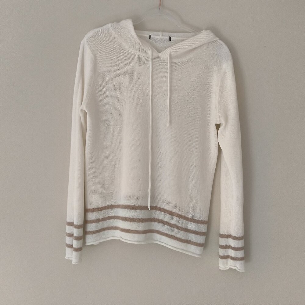White Knit Hooded Sweater, Beige Stripes on Sleeves and Bottom Hem, Size M